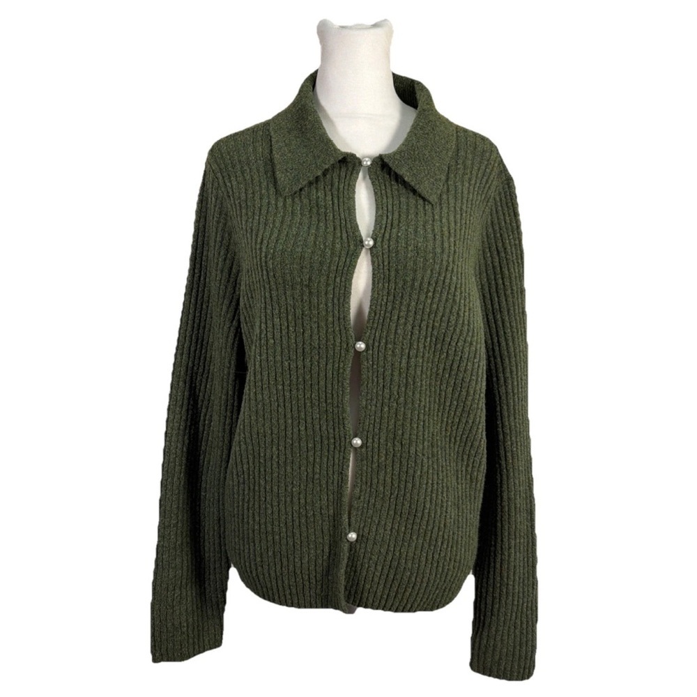 Abercrombie & Fitch Womens Ribbed Polo Cardigan Pearl Button Green Wool Blend L